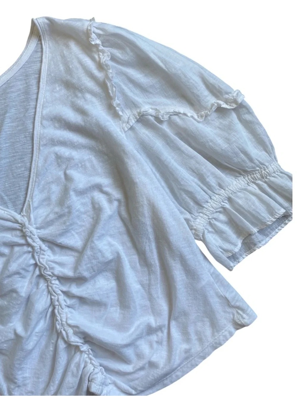 Anthropologie White Ruched V-Neck Puff Sleeve Cotton Blouse Top Size L